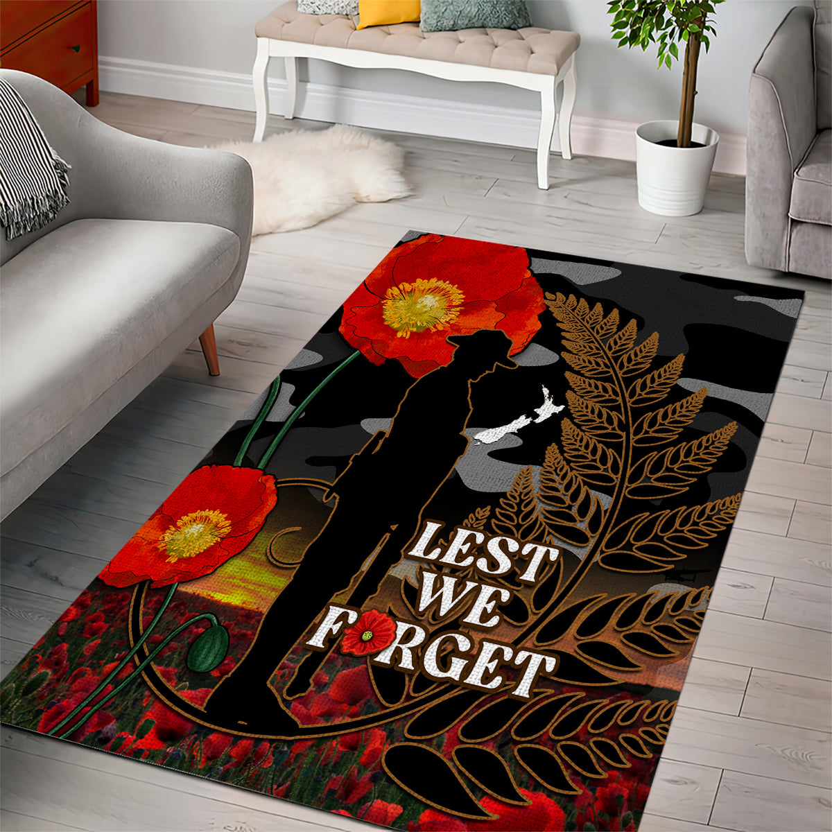 New Zealand ANZAC Day Area Rug Lest We Forget Silver Fern With Camouflage - Vibe Hoodie Shop