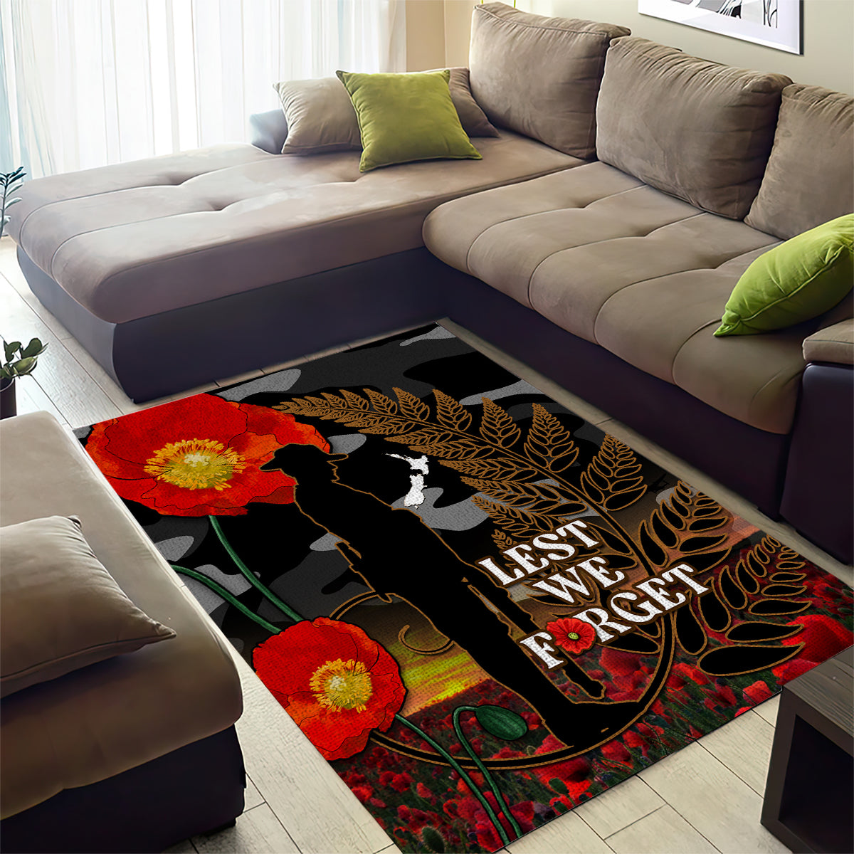 New Zealand ANZAC Day Area Rug Lest We Forget Silver Fern With Camouflage - Vibe Hoodie Shop