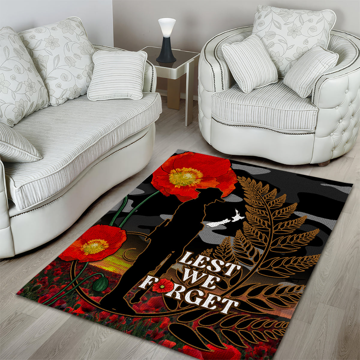 New Zealand ANZAC Day Area Rug Lest We Forget Silver Fern With Camouflage - Vibe Hoodie Shop