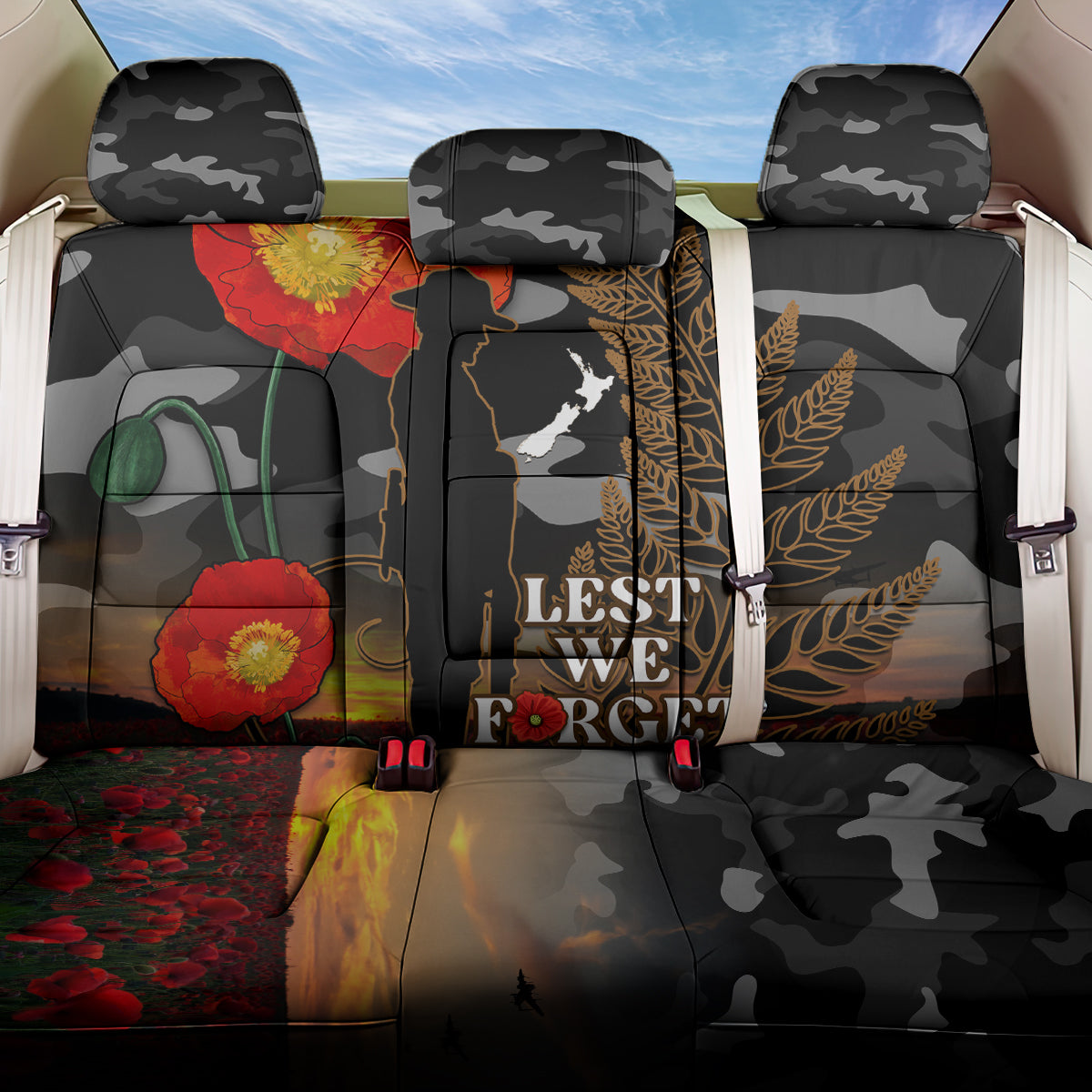 New Zealand ANZAC Day Back Car Seat Cover Lest We Forget Silver Fern With Camouflage LT14