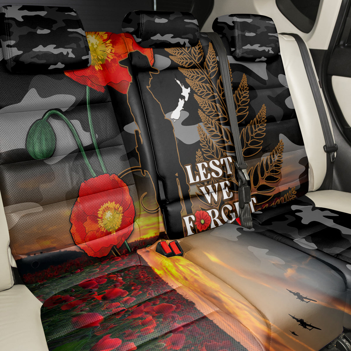 New Zealand ANZAC Day Back Car Seat Cover Lest We Forget Silver Fern With Camouflage LT14