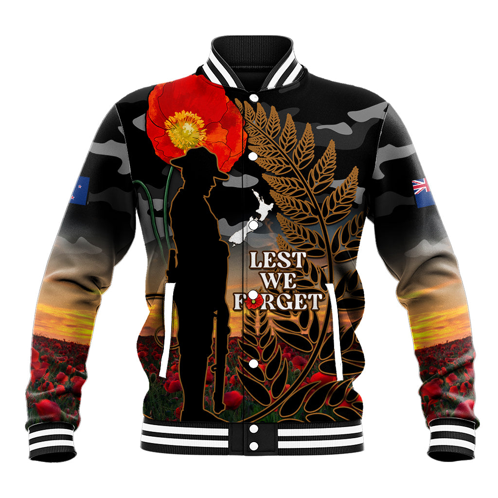 New Zealand ANZAC Day Baseball Jacket Lest We Forget Silver Fern With Camouflage - Vibe Hoodie Shop