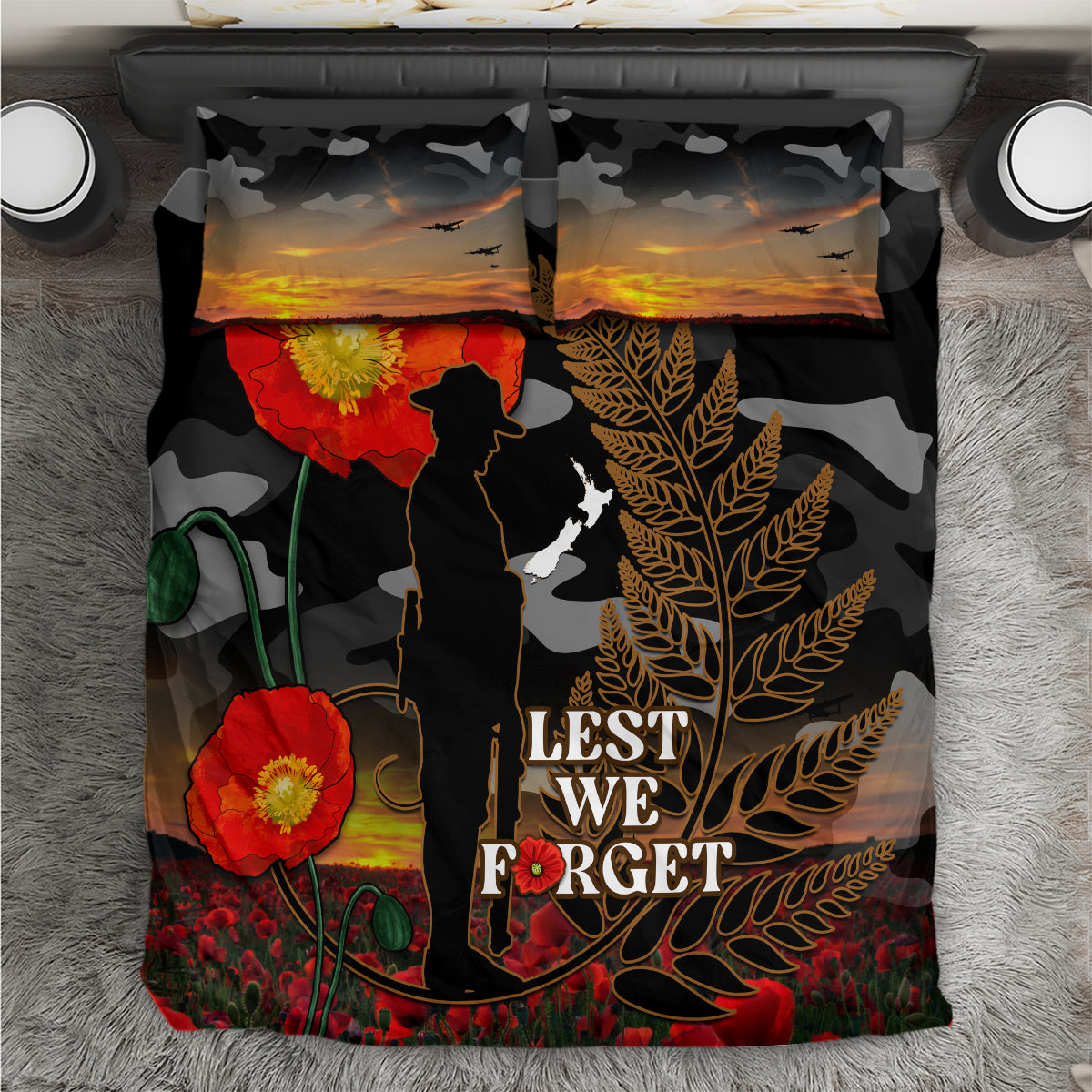 New Zealand ANZAC Day Bedding Set Lest We Forget Silver Fern With Camouflage - Vibe Hoodie Shop