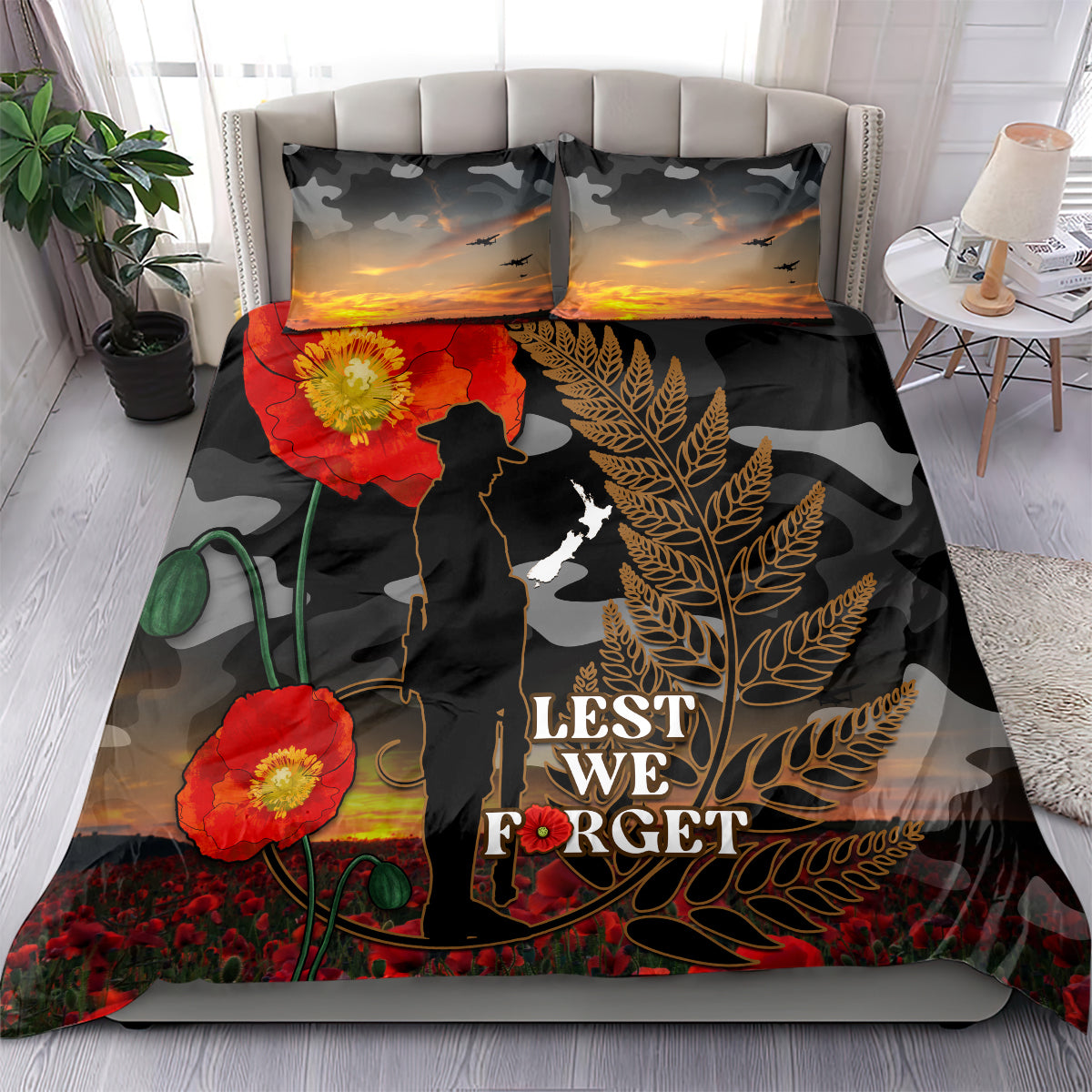 New Zealand ANZAC Day Bedding Set Lest We Forget Silver Fern With Camouflage - Vibe Hoodie Shop