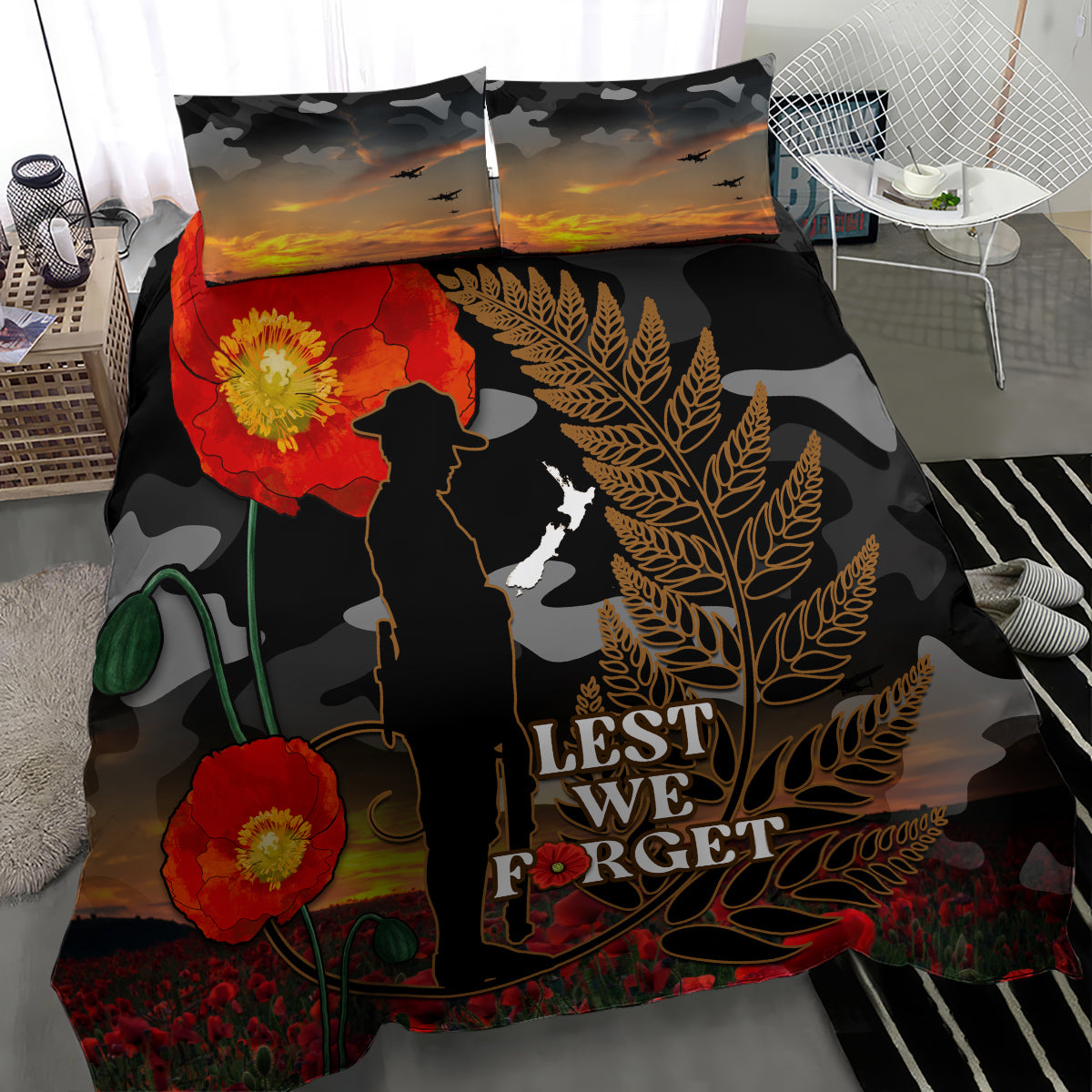 New Zealand ANZAC Day Bedding Set Lest We Forget Silver Fern With Camouflage - Vibe Hoodie Shop