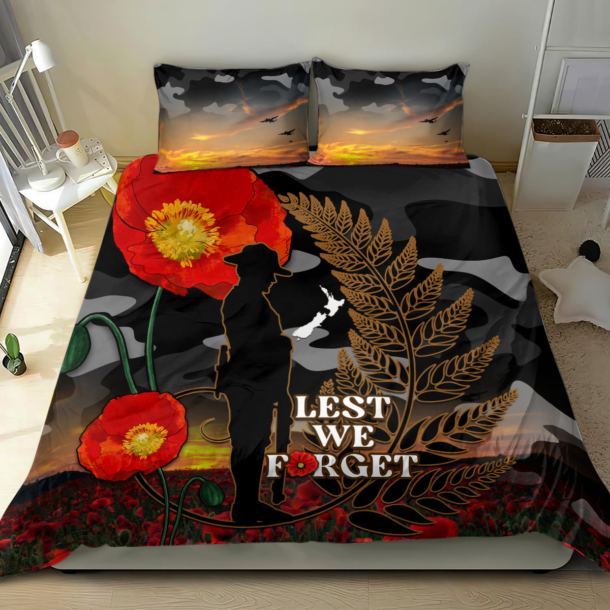 New Zealand ANZAC Day Bedding Set Lest We Forget Silver Fern With Camouflage - Vibe Hoodie Shop