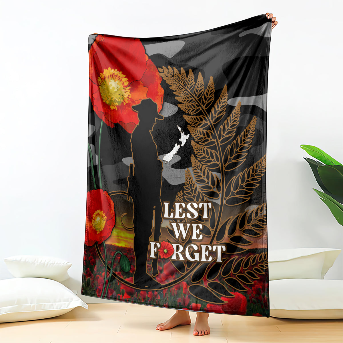 New Zealand ANZAC Day Blanket Lest We Forget Silver Fern With Camouflage - Vibe Hoodie Shop