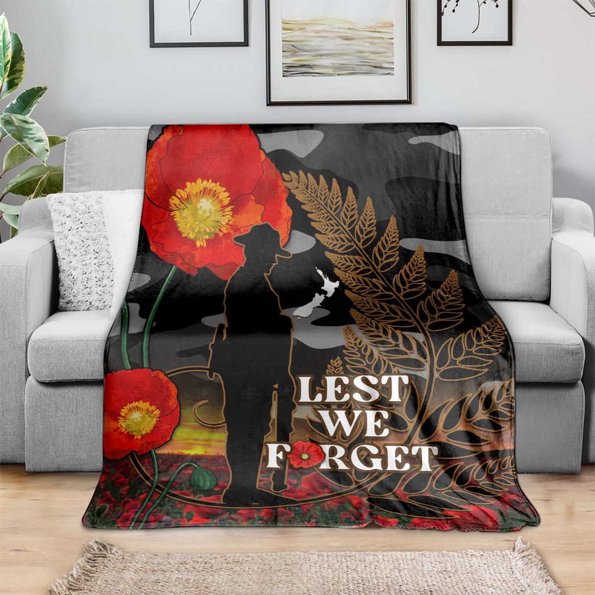 New Zealand ANZAC Day Blanket Lest We Forget Silver Fern With Camouflage - Vibe Hoodie Shop