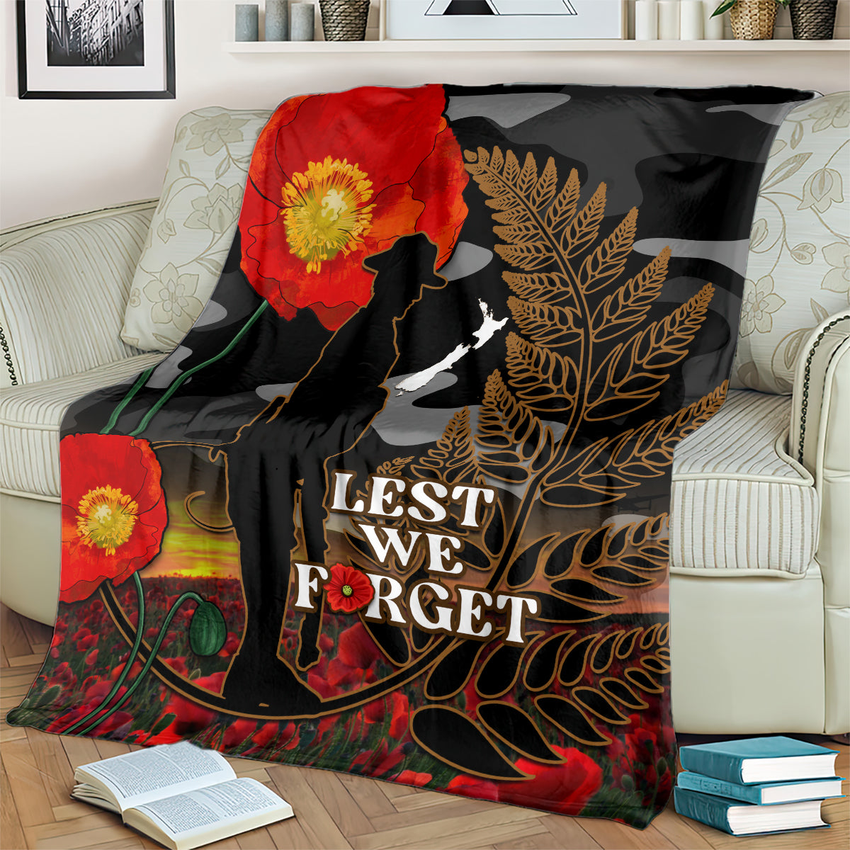 New Zealand ANZAC Day Blanket Lest We Forget Silver Fern With Camouflage - Vibe Hoodie Shop