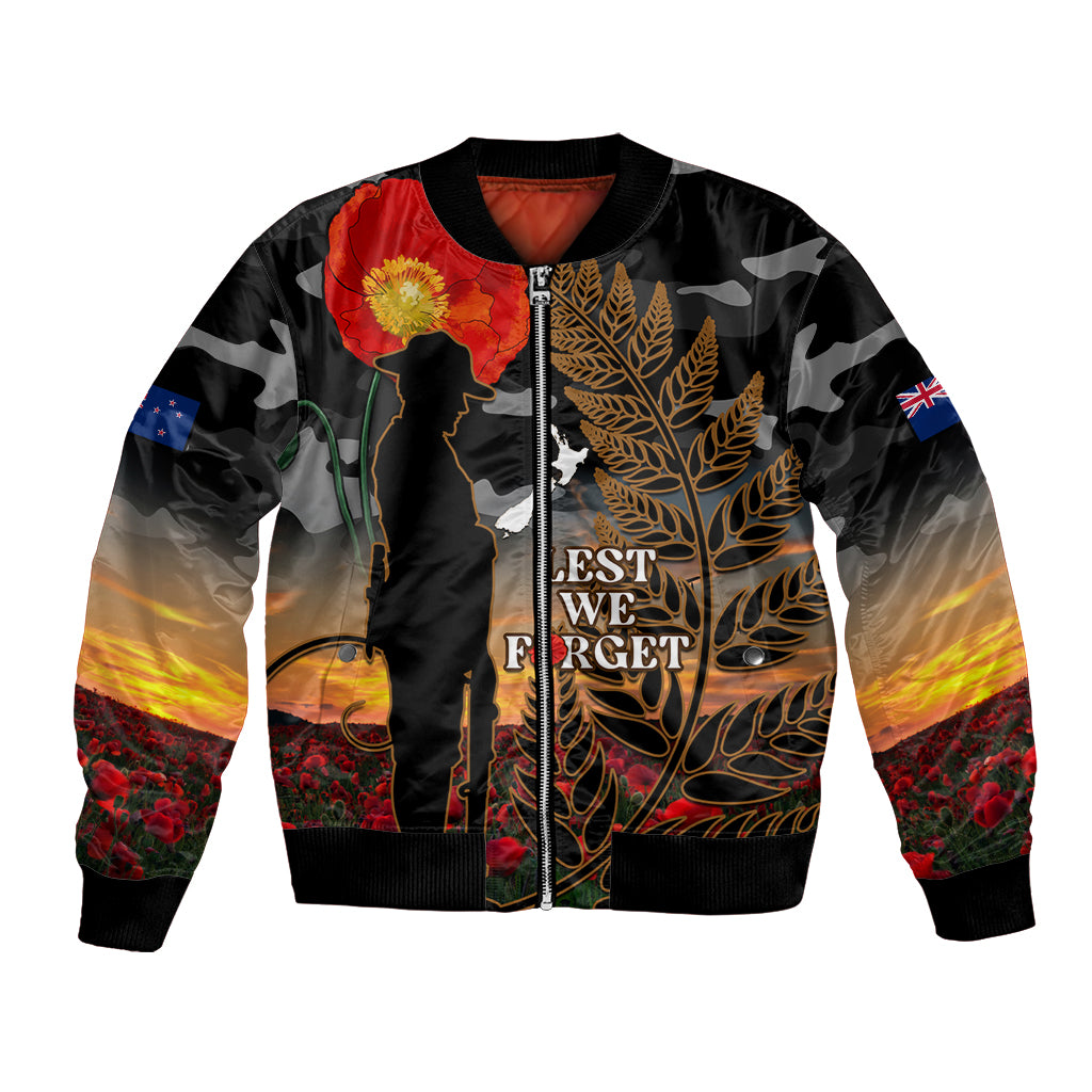 New Zealand ANZAC Day Bomber Jacket Lest We Forget Silver Fern With Camouflage - Vibe Hoodie Shop