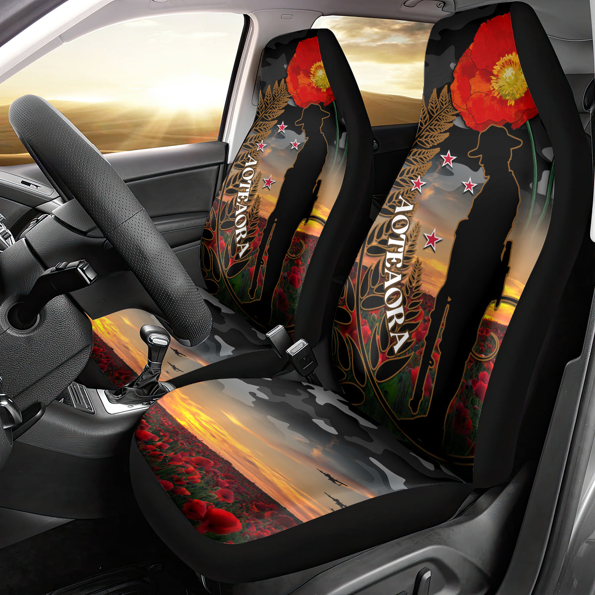 New Zealand ANZAC Day Car Seat Cover Lest We Forget Silver Fern With Camouflage - Vibe Hoodie Shop