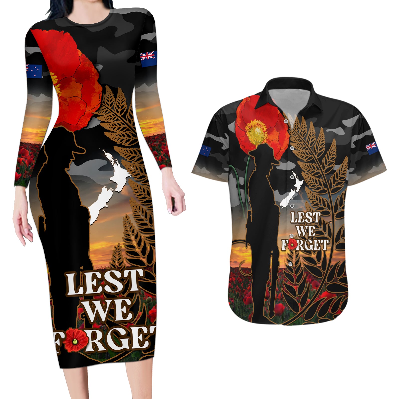 new-zealand-anzac-day-couples-matching-long-sleeve-bodycon-dress-and-hawaiian-shirt-lest-we-forget-silver-fern-with-camouflage