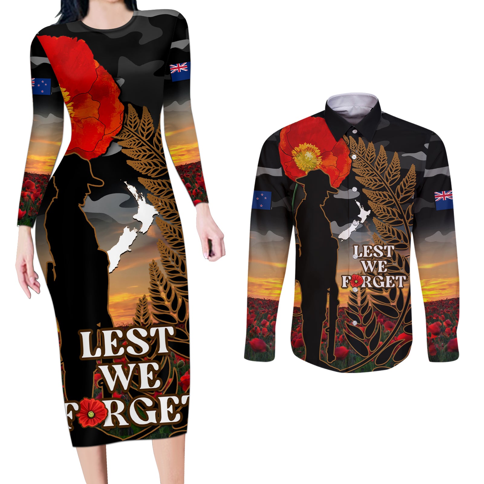 new-zealand-anzac-day-couples-matching-long-sleeve-bodycon-dress-and-long-sleeve-button-shirt-lest-we-forget-silver-fern-with-camouflage