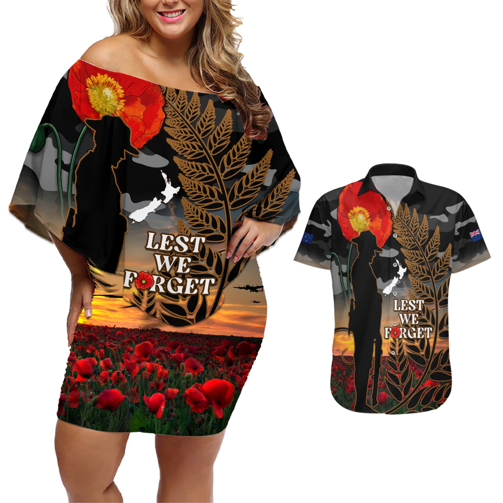 new-zealand-anzac-day-couples-matching-off-shoulder-short-dress-and-hawaiian-shirt-lest-we-forget-silver-fern-with-camouflage