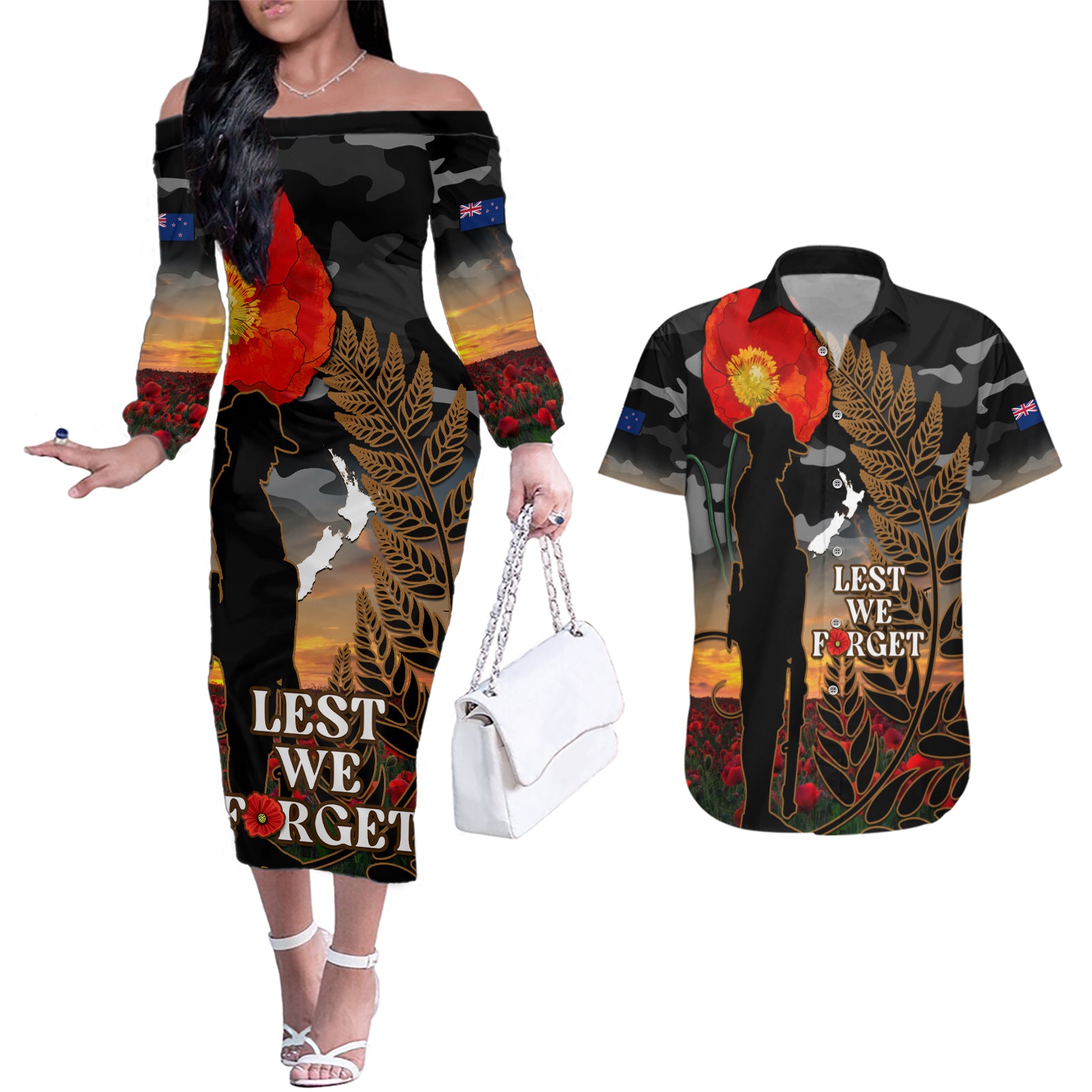 new-zealand-anzac-day-couples-matching-off-the-shoulder-long-sleeve-dress-and-hawaiian-shirt-lest-we-forget-silver-fern-with-camouflage