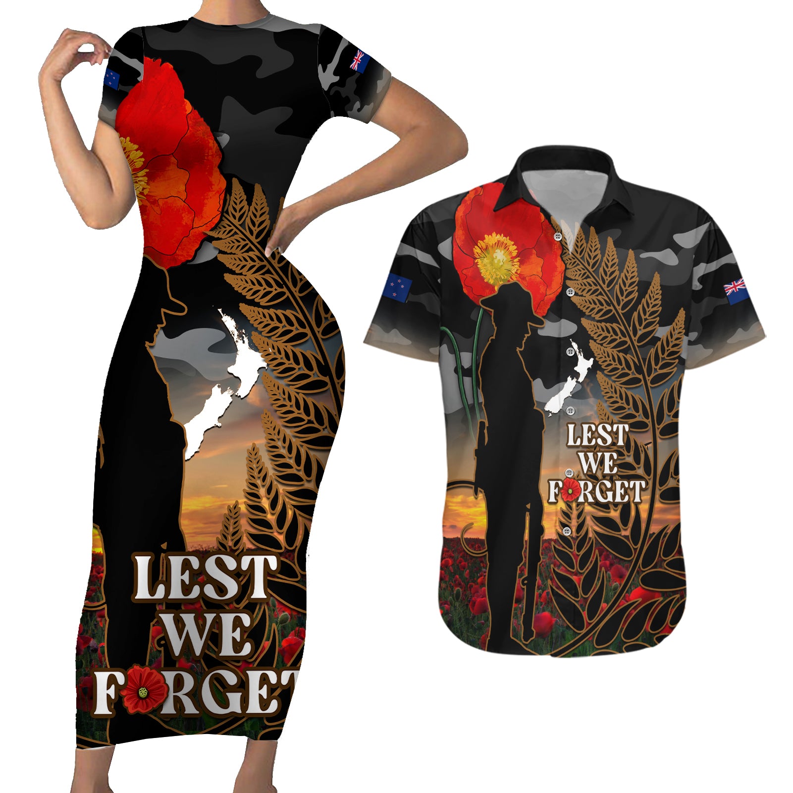 new-zealand-anzac-day-couples-matching-short-sleeve-bodycon-dress-and-hawaiian-shirt-lest-we-forget-silver-fern-with-camouflage