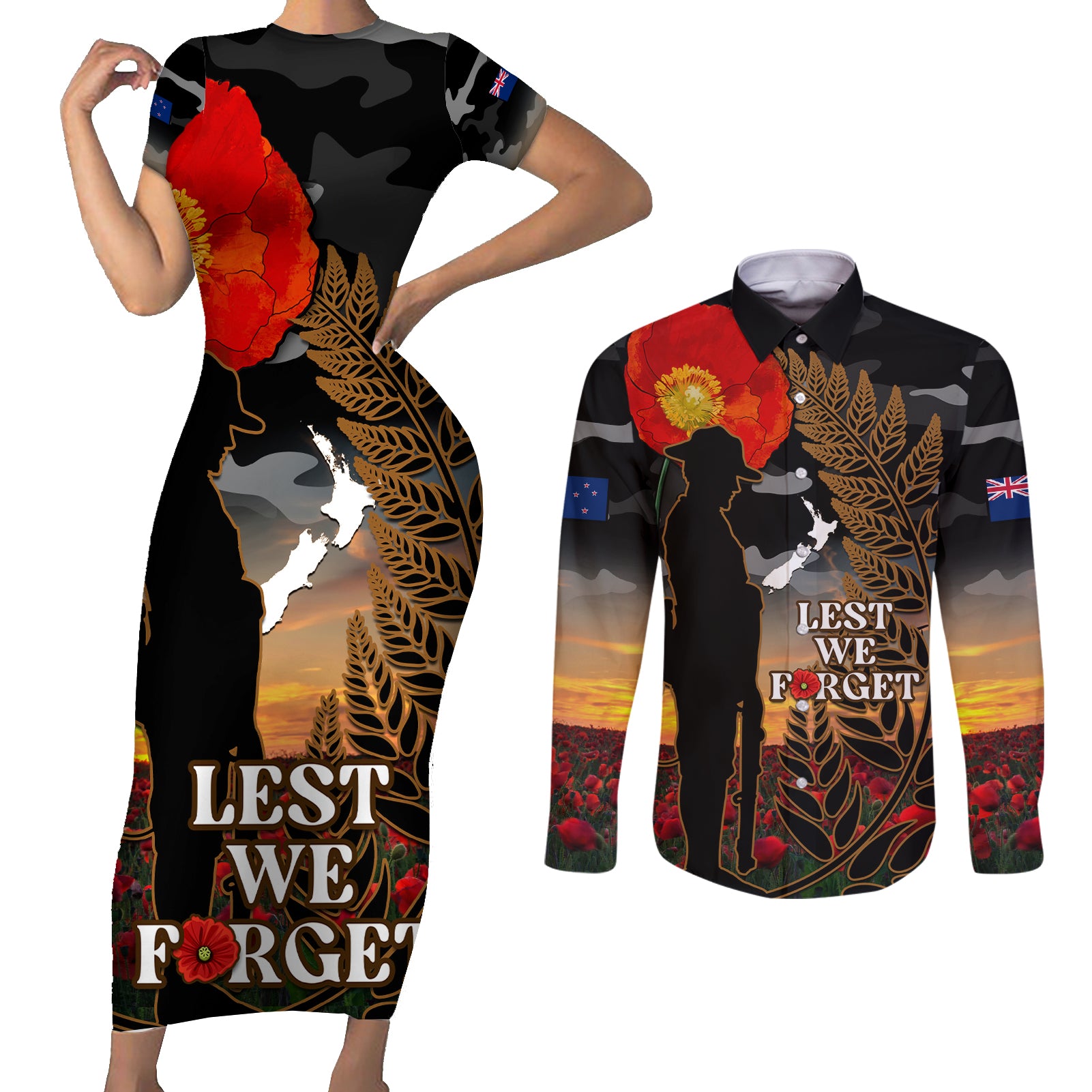 new-zealand-anzac-day-couples-matching-short-sleeve-bodycon-dress-and-long-sleeve-button-shirt-lest-we-forget-silver-fern-with-camouflage