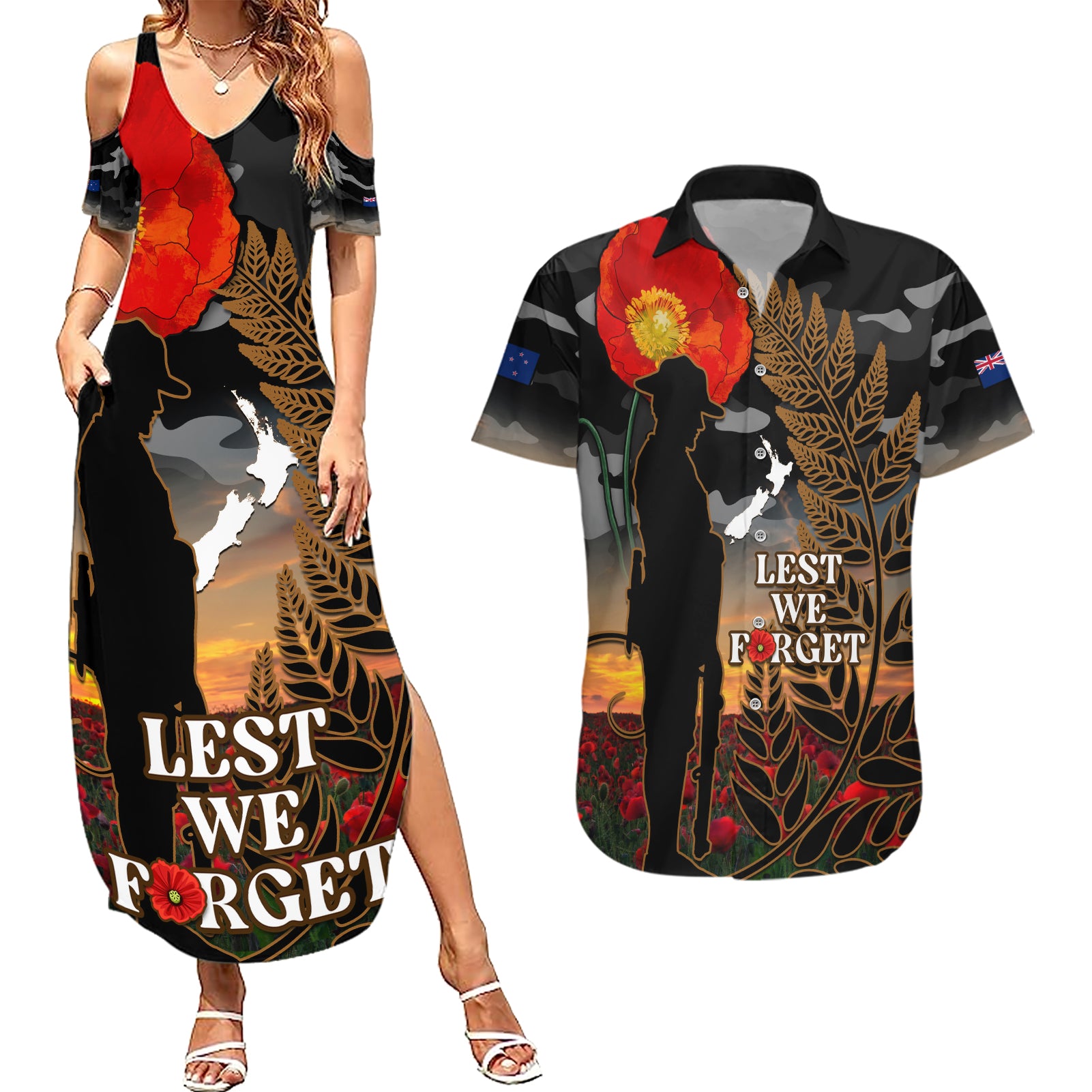 new-zealand-anzac-day-couples-matching-summer-maxi-dress-and-hawaiian-shirt-lest-we-forget-silver-fern-with-camouflage