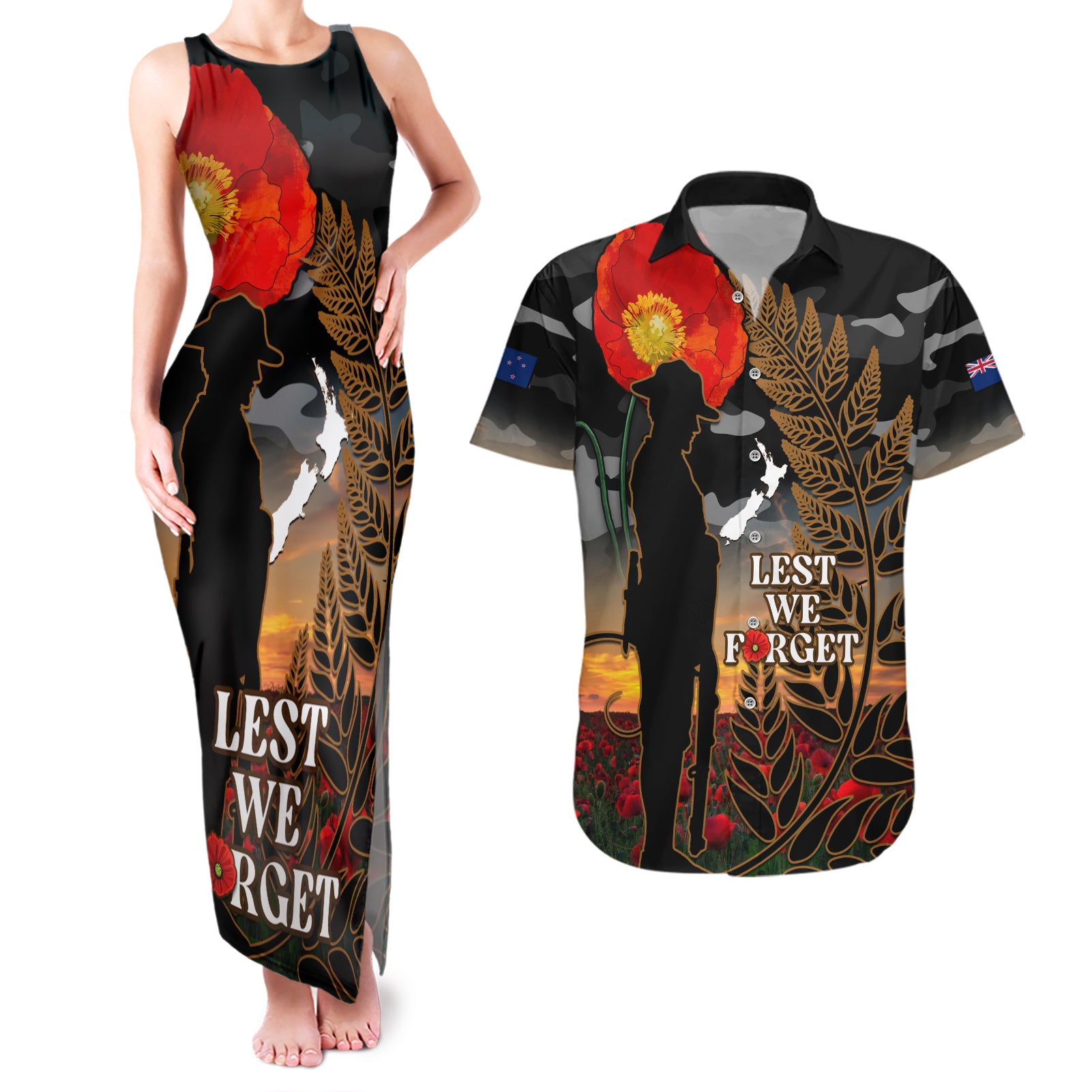 new-zealand-anzac-day-couples-matching-tank-maxi-dress-and-hawaiian-shirt-lest-we-forget-silver-fern-with-camouflage