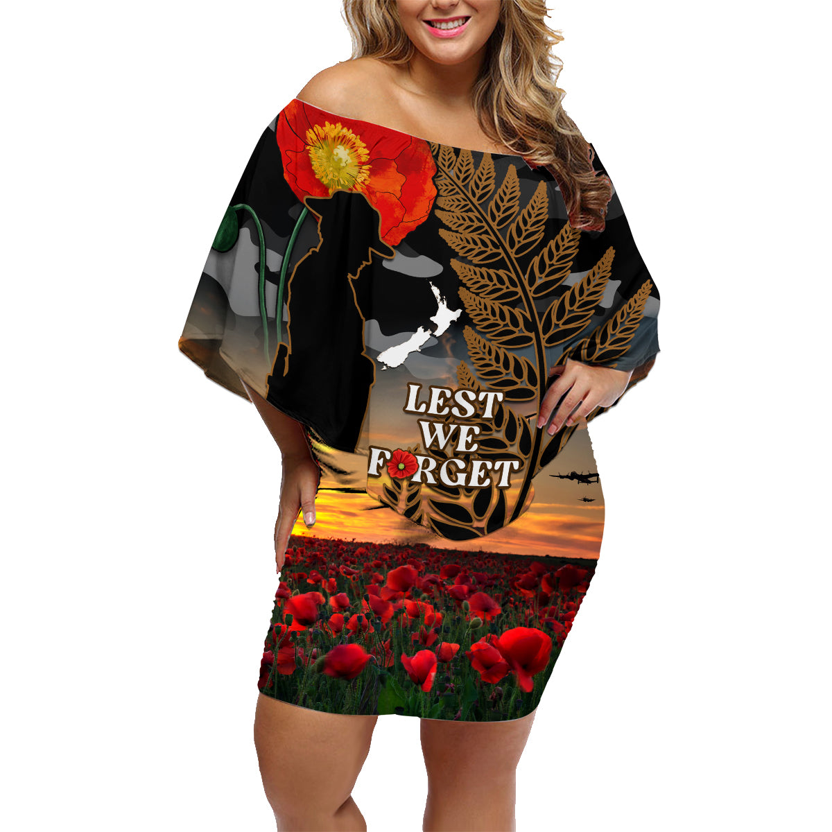 new-zealand-anzac-day-family-matching-off-shoulder-short-dress-and-hawaiian-shirt-lest-we-forget-silver-fern-with-camouflage