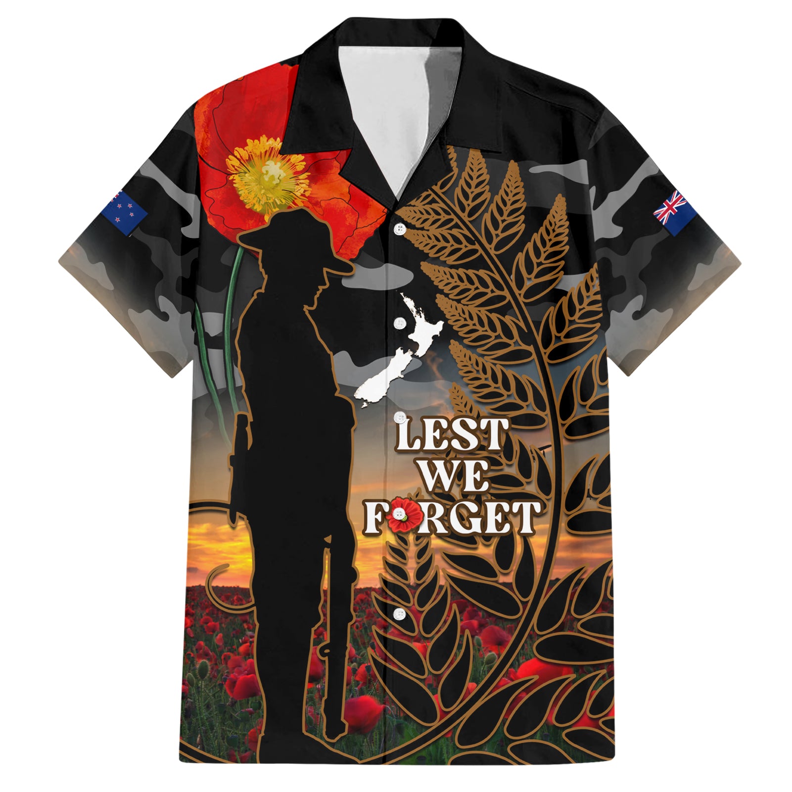 new-zealand-anzac-day-family-matching-short-sleeve-bodycon-dress-and-hawaiian-shirt-lest-we-forget-silver-fern-with-camouflage