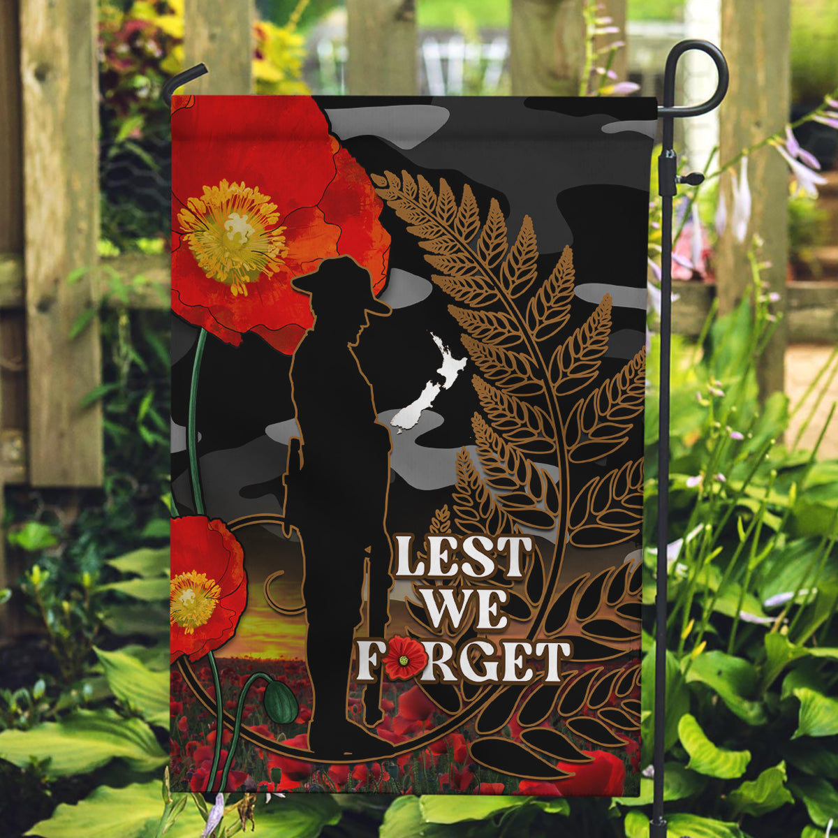 New Zealand ANZAC Day Garden Flag Lest We Forget Silver Fern With Camouflage - Vibe Hoodie Shop