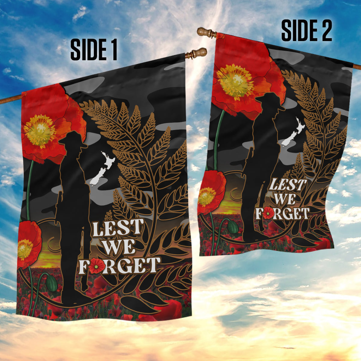 New Zealand ANZAC Day Garden Flag Lest We Forget Silver Fern With Camouflage - Vibe Hoodie Shop