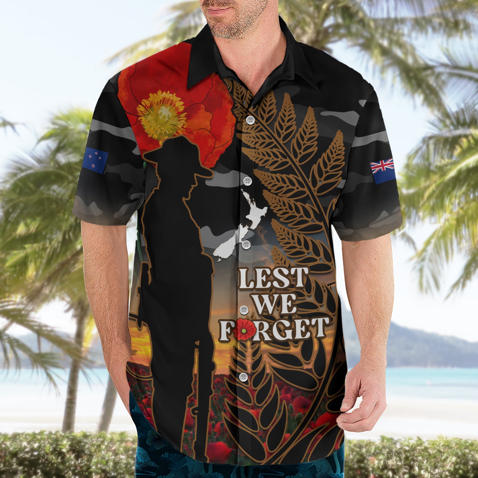 New Zealand ANZAC Day Hawaiian Shirt Lest We Forget Silver Fern With Camouflage - Vibe Hoodie Shop