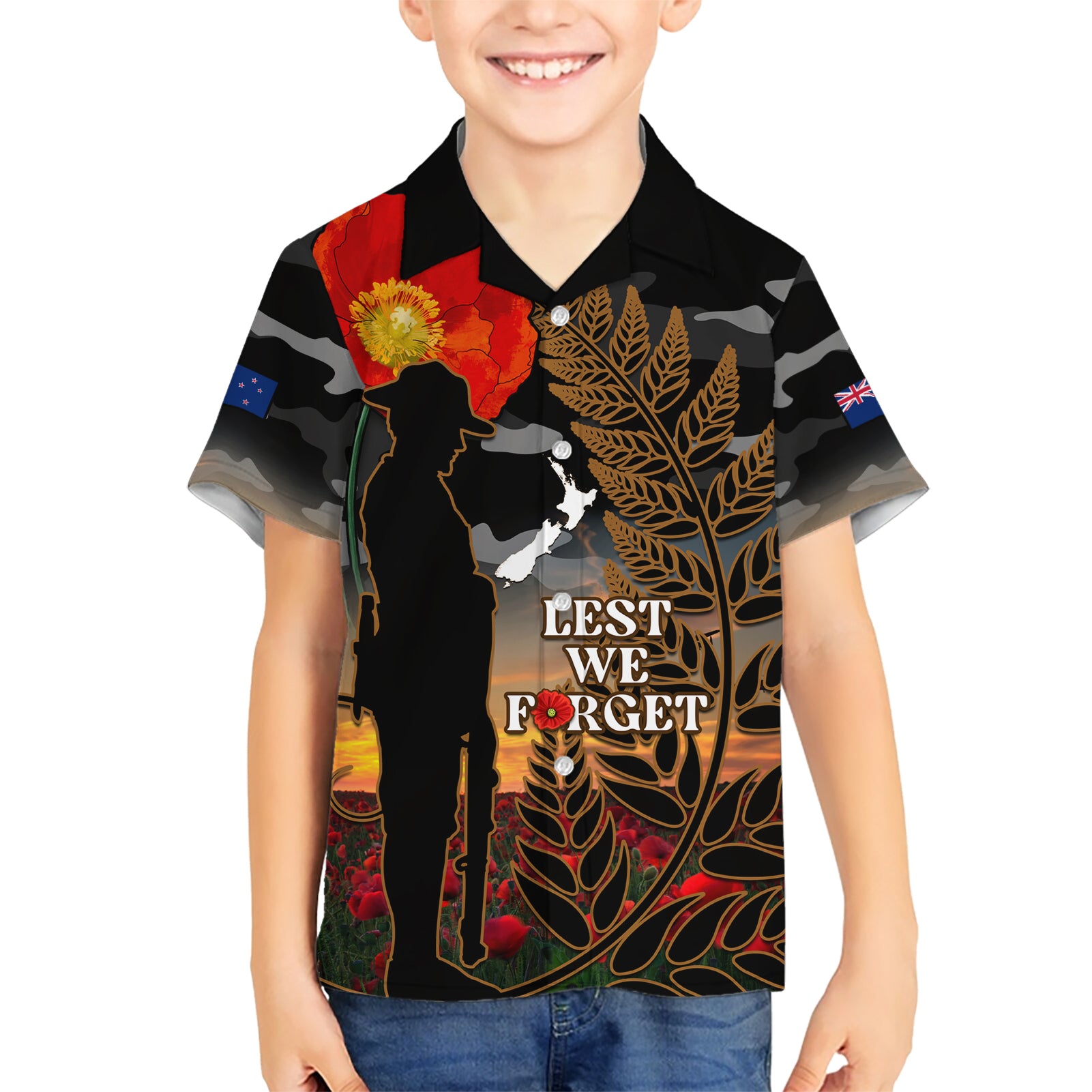 New Zealand ANZAC Day Hawaiian Shirt Lest We Forget Silver Fern With Camouflage - Vibe Hoodie Shop