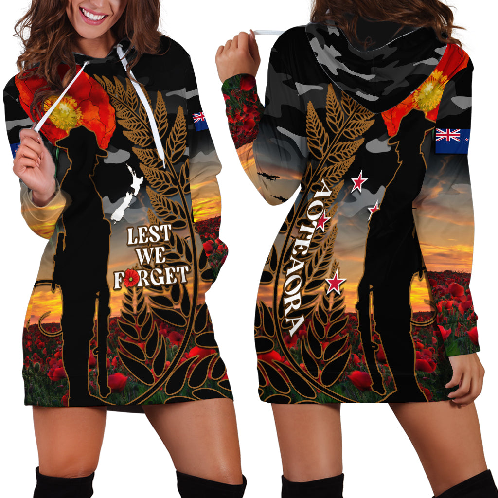 New Zealand ANZAC Day Hoodie Dress Lest We Forget Silver Fern With Camouflage - Vibe Hoodie Shop