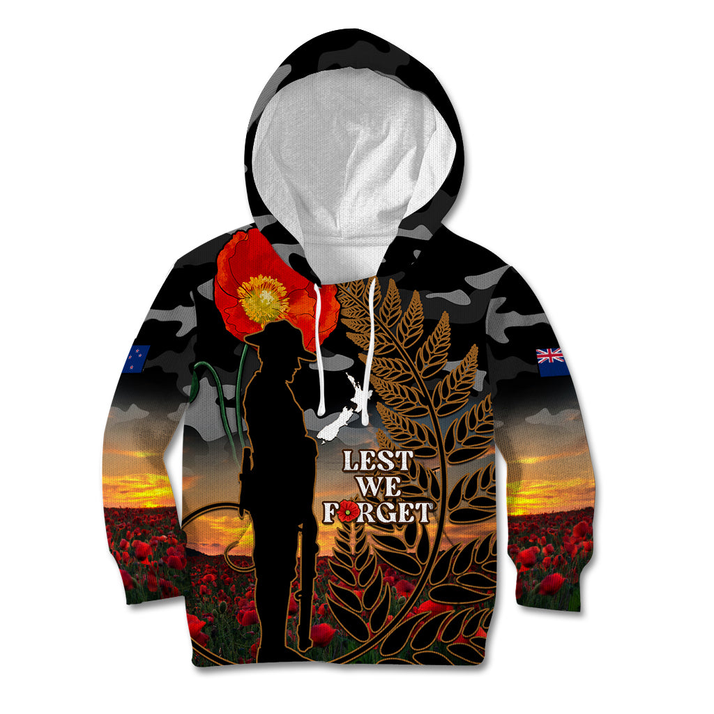 New Zealand ANZAC Day Kid Hoodie Lest We Forget Silver Fern With Camouflage - Vibe Hoodie Shop