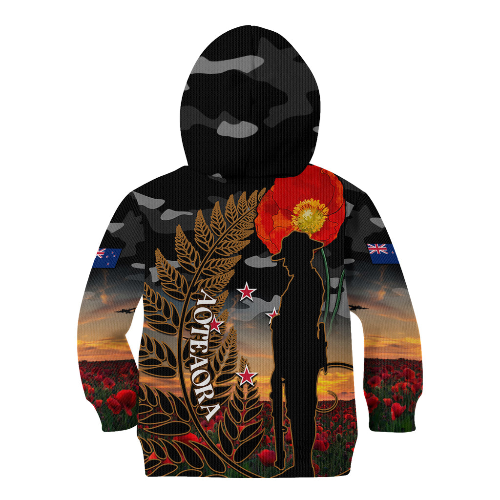 New Zealand ANZAC Day Kid Hoodie Lest We Forget Silver Fern With Camouflage - Vibe Hoodie Shop