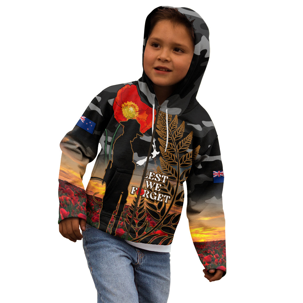 New Zealand ANZAC Day Kid Hoodie Lest We Forget Silver Fern With Camouflage - Vibe Hoodie Shop