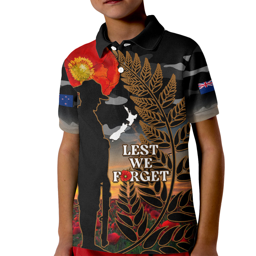 New Zealand ANZAC Day Kid Polo Shirt Lest We Forget Silver Fern With Camouflage - Vibe Hoodie Shop