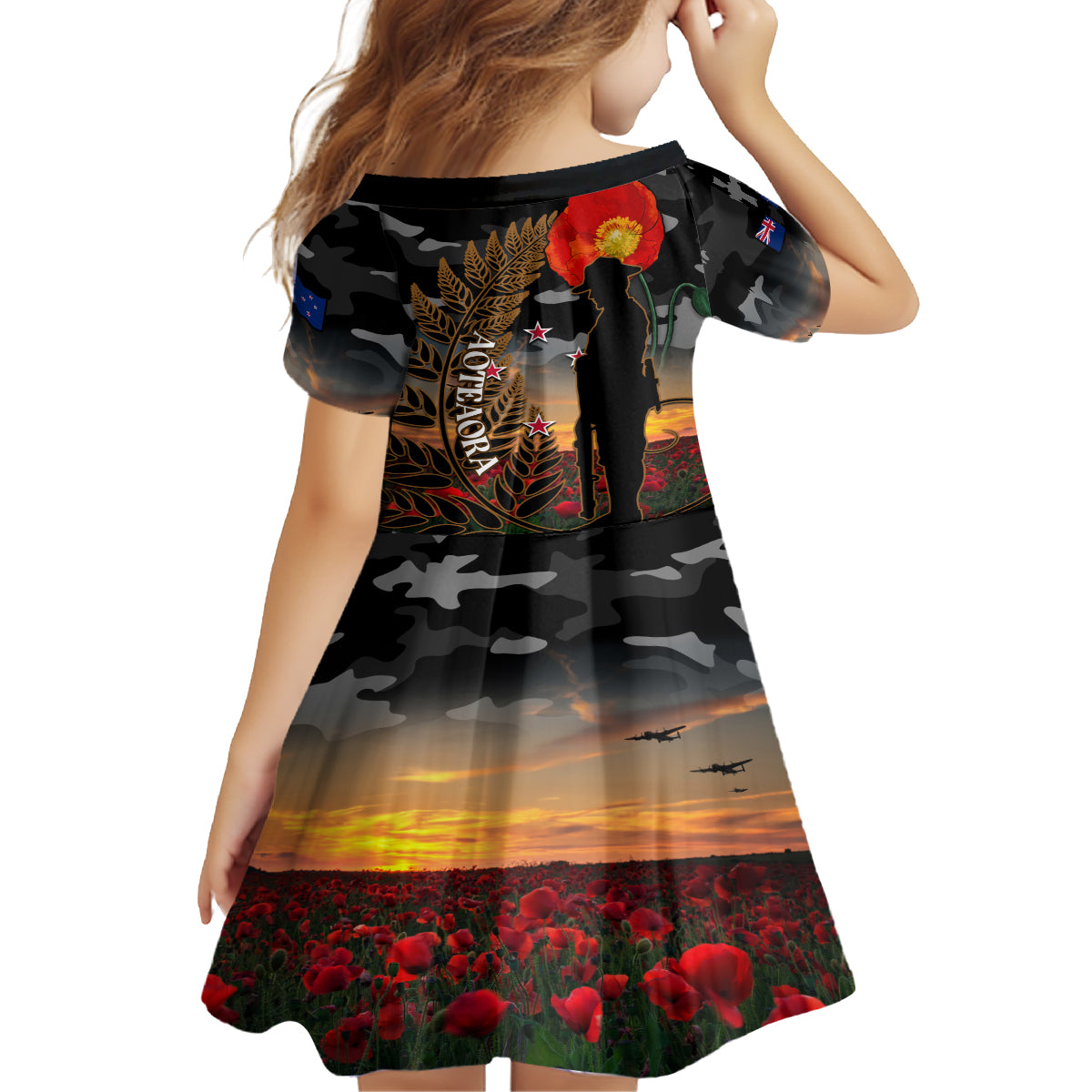 New Zealand ANZAC Day Kid Short Sleeve Dress Lest We Forget Silver Fern With Camouflage - Vibe Hoodie Shop