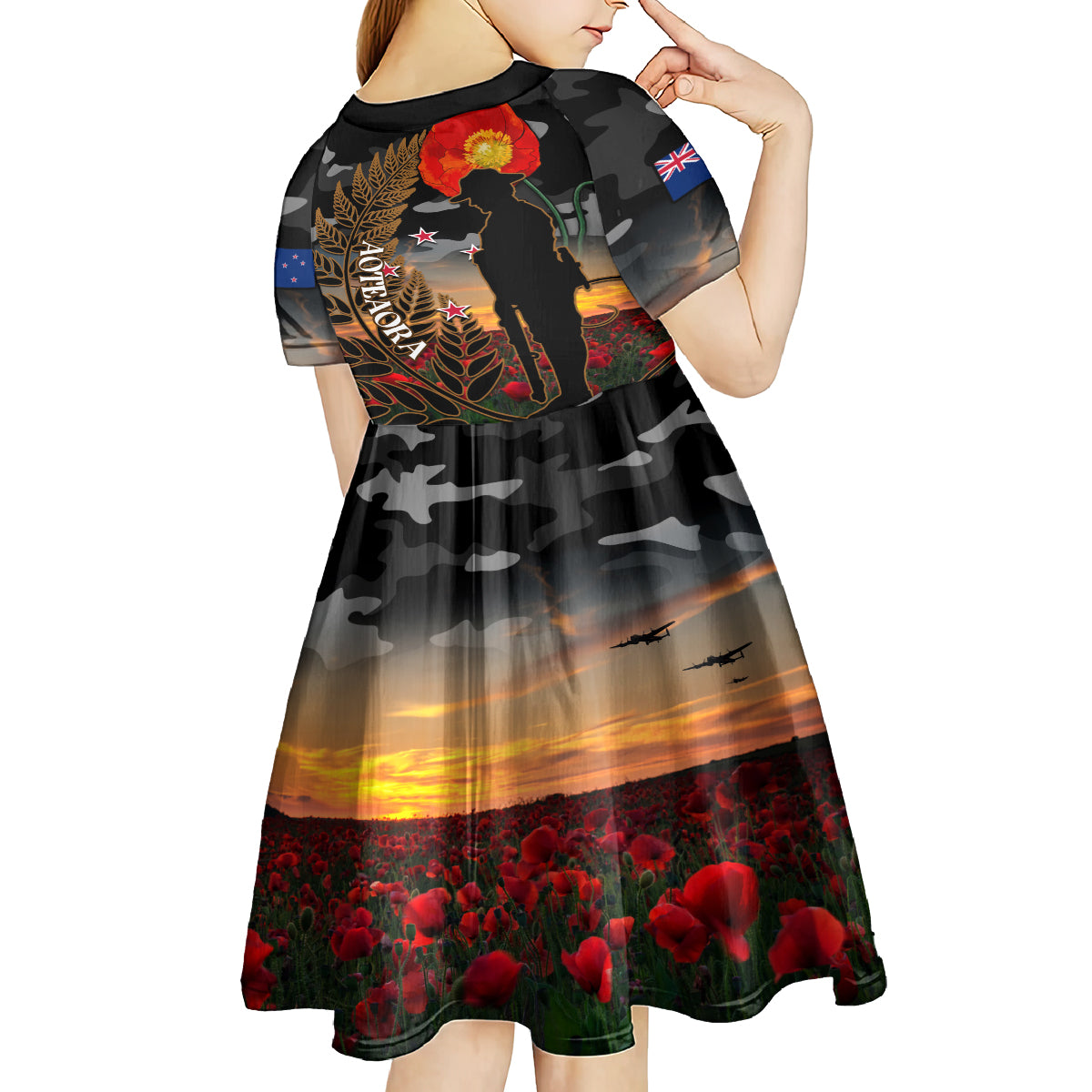 New Zealand ANZAC Day Kid Short Sleeve Dress Lest We Forget Silver Fern With Camouflage - Vibe Hoodie Shop