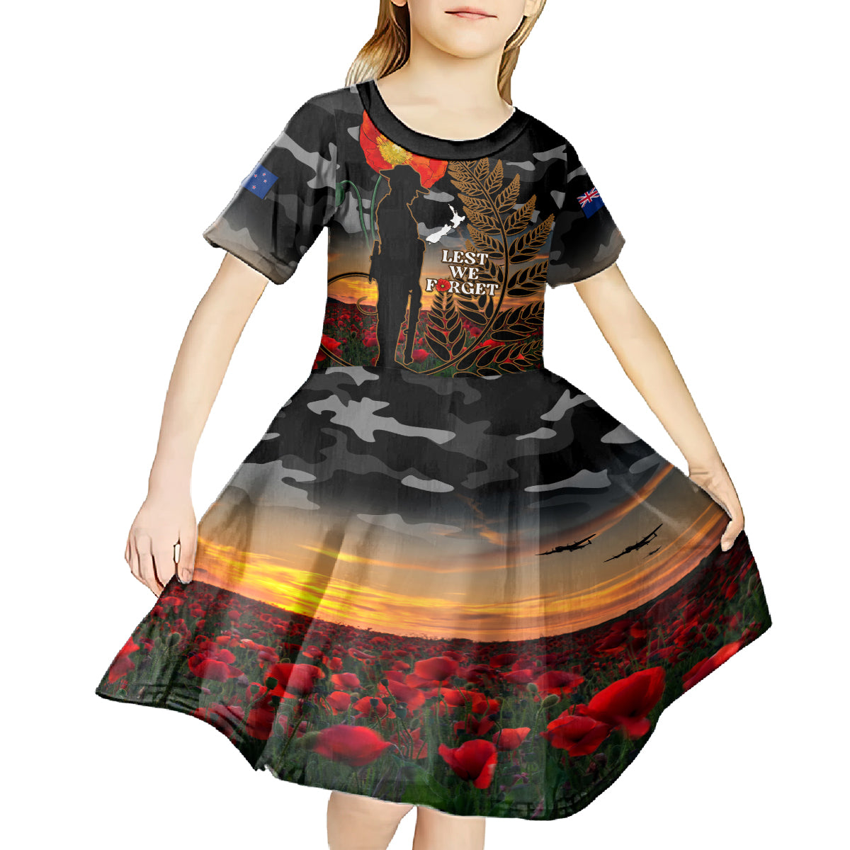 New Zealand ANZAC Day Kid Short Sleeve Dress Lest We Forget Silver Fern With Camouflage - Vibe Hoodie Shop