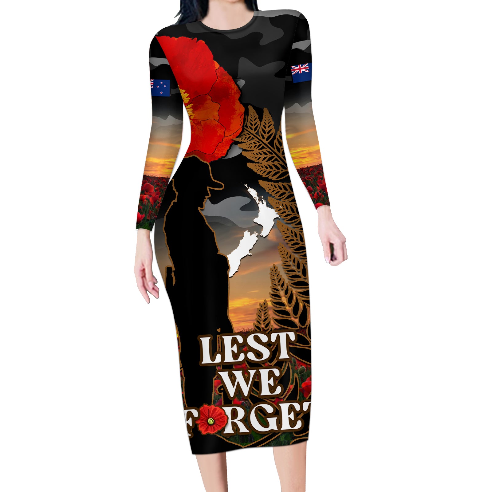 new-zealand-anzac-day-long-sleeve-bodycon-dress-lest-we-forget-silver-fern-with-camouflage