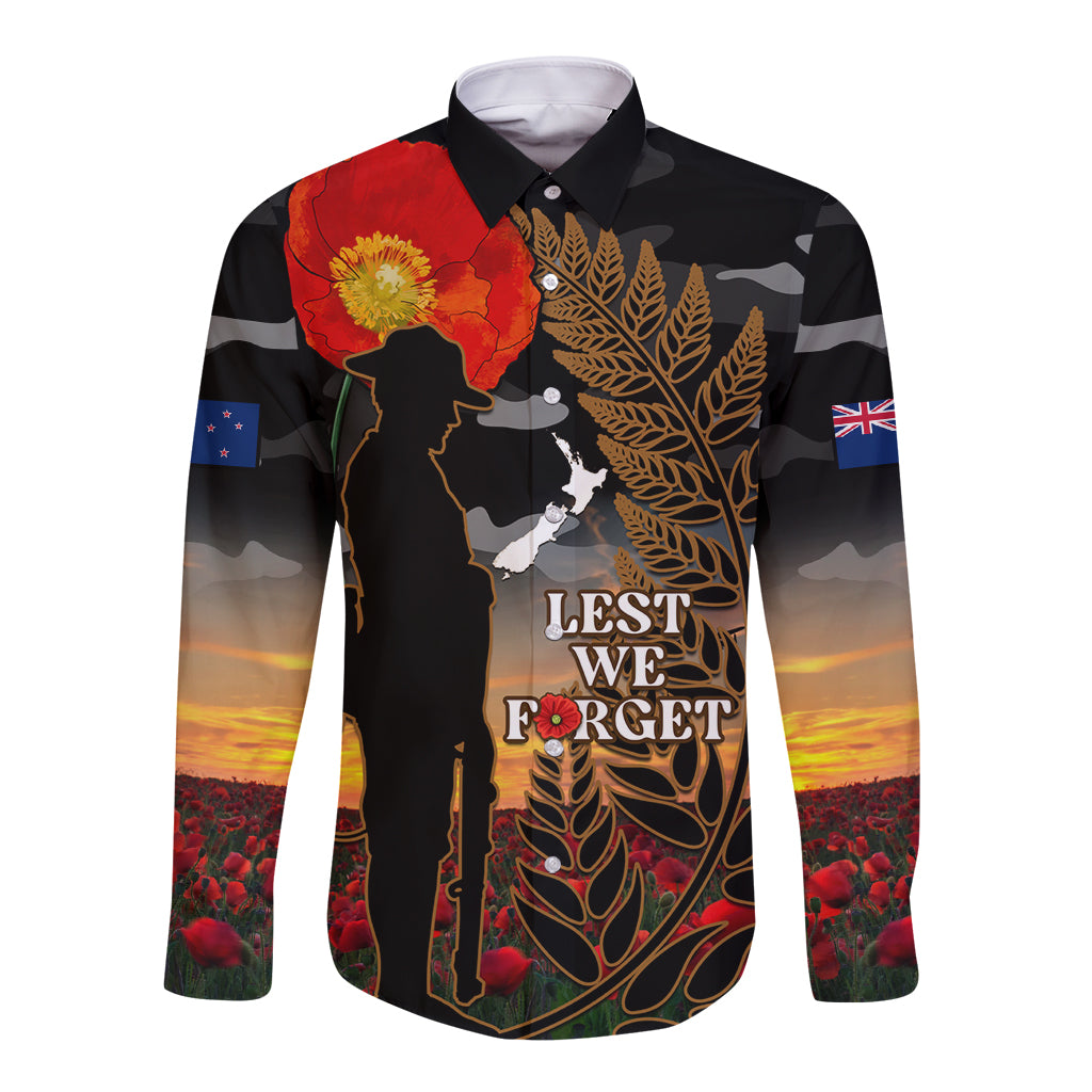 New Zealand ANZAC Day Long Sleeve Button Shirt Lest We Forget Silver Fern With Camouflage - Vibe Hoodie Shop