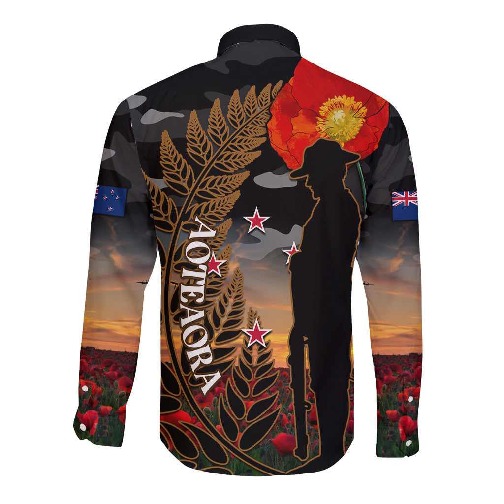 New Zealand ANZAC Day Long Sleeve Button Shirt Lest We Forget Silver Fern With Camouflage - Vibe Hoodie Shop