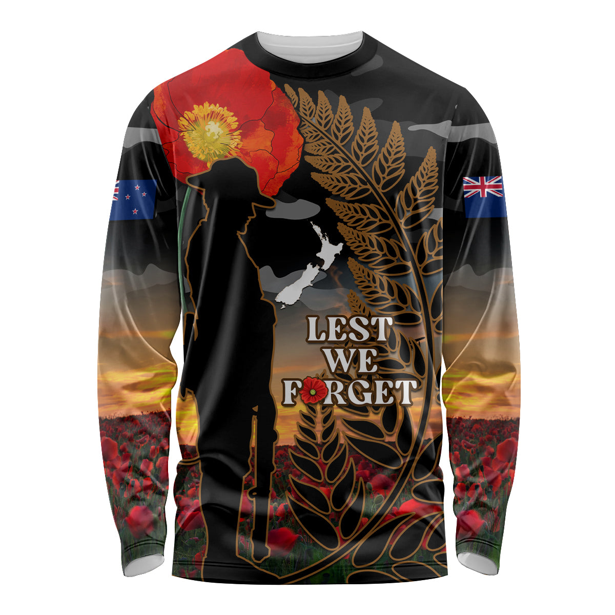 New Zealand ANZAC Day Long Sleeve Shirt Lest We Forget Silver Fern With Camouflage - Vibe Hoodie Shop