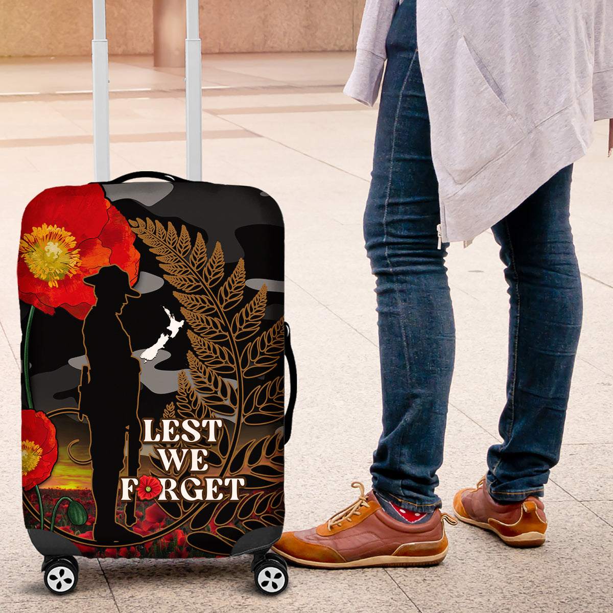 New Zealand ANZAC Day Luggage Cover Lest We Forget Silver Fern With Camouflage - Vibe Hoodie Shop