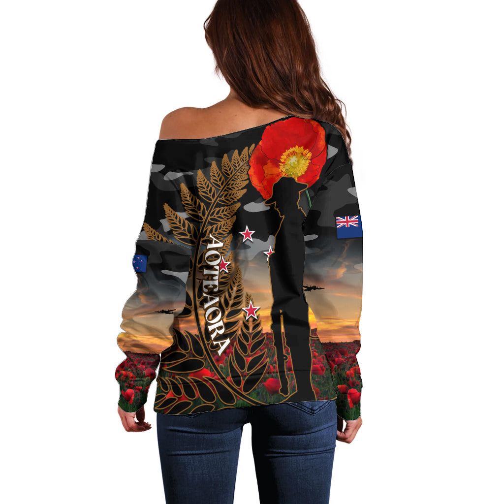 New Zealand ANZAC Day Off Shoulder Sweater Lest We Forget Silver Fern With Camouflage - Vibe Hoodie Shop