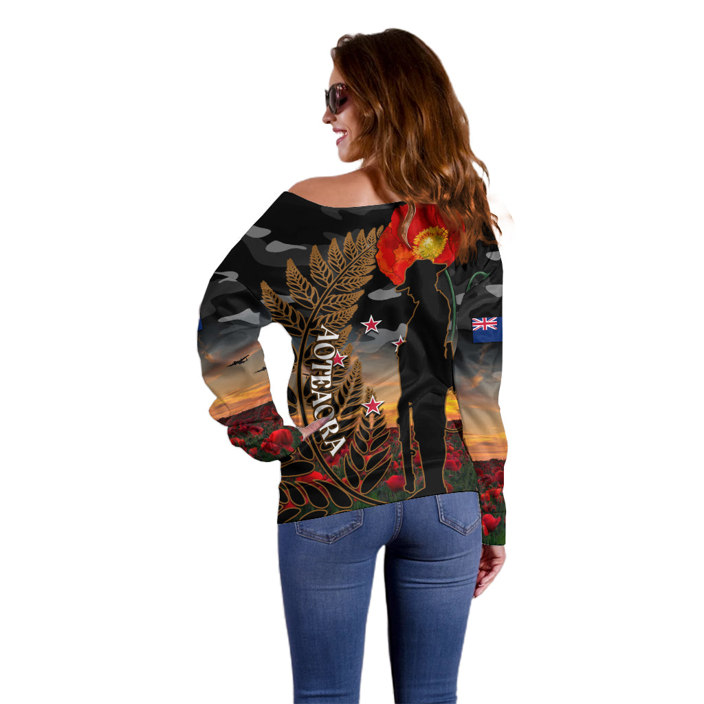 New Zealand ANZAC Day Off Shoulder Sweater Lest We Forget Silver Fern With Camouflage - Vibe Hoodie Shop