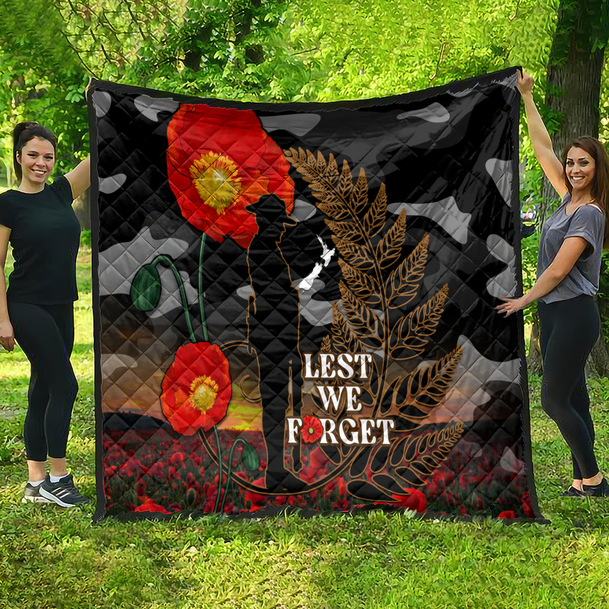 New Zealand ANZAC Day Quilt Lest We Forget Silver Fern With Camouflage - Vibe Hoodie Shop