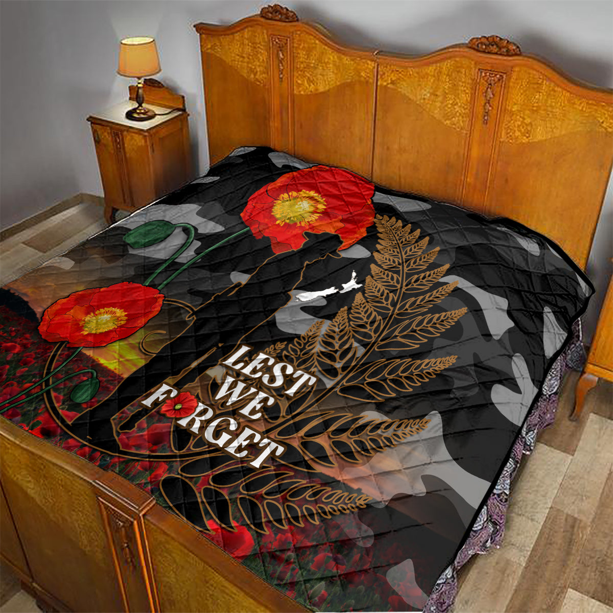 New Zealand ANZAC Day Quilt Lest We Forget Silver Fern With Camouflage - Vibe Hoodie Shop