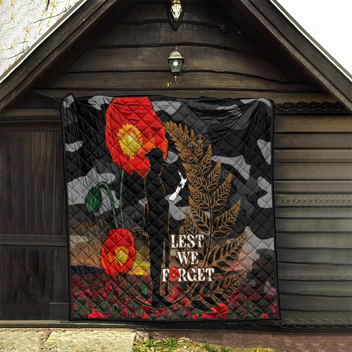 New Zealand ANZAC Day Quilt Lest We Forget Silver Fern With Camouflage - Vibe Hoodie Shop