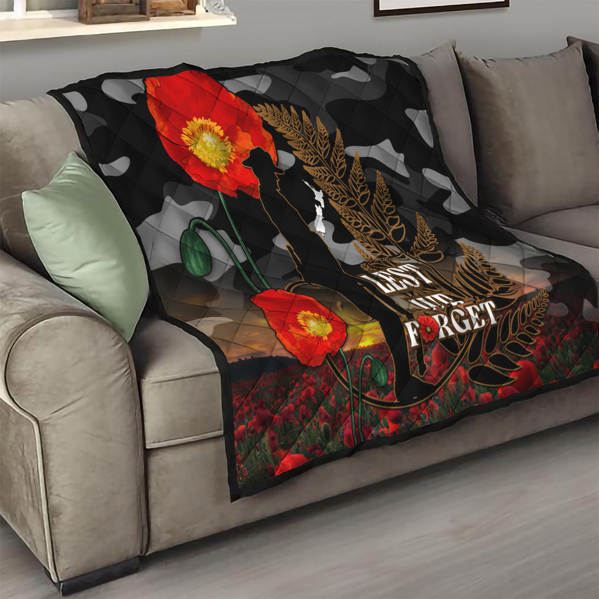 New Zealand ANZAC Day Quilt Lest We Forget Silver Fern With Camouflage - Vibe Hoodie Shop