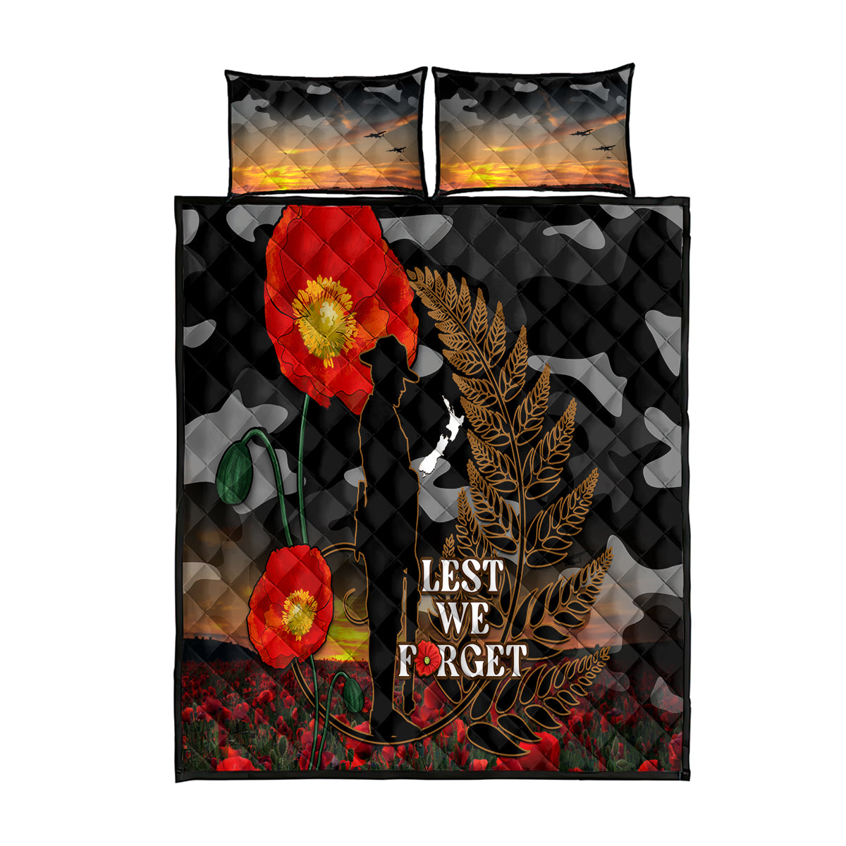 New Zealand ANZAC Day Quilt Bed Set Lest We Forget Silver Fern With Camouflage - Vibe Hoodie Shop