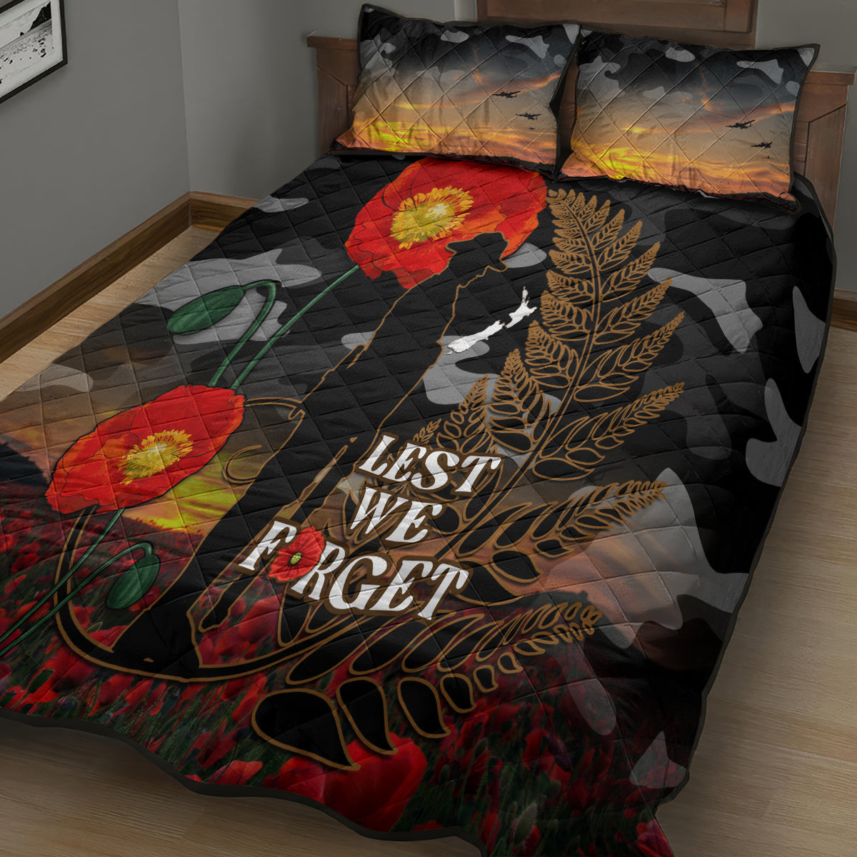 New Zealand ANZAC Day Quilt Bed Set Lest We Forget Silver Fern With Camouflage - Vibe Hoodie Shop